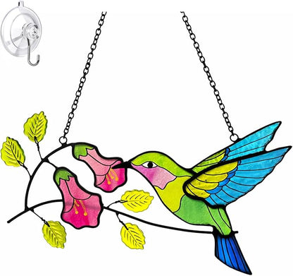 Hummingbird Stained Glass Suncatcher, Handmade Colorful Window Hanging Sun Catcher Ornament for Home & Garden Decor, Great Gift Idea for Bird Lovers & Mom