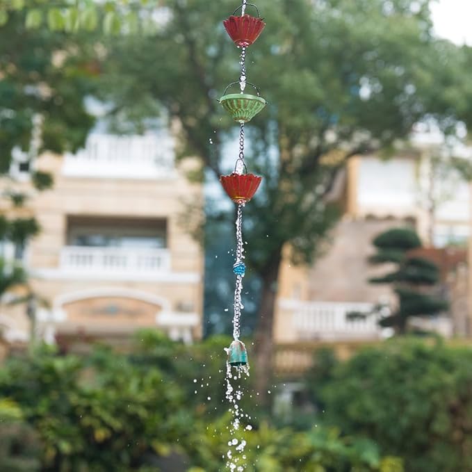 dreamysoul Rain Chains for Outside, 10 FT Decorative Rain Catcher Chains with 16 Cups, Adjustable Rain Chain for Gutters, Downspout, Eaves, Drainage
