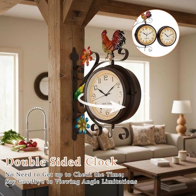 Vintage Indoor Outdoor Clock - Silent Non-Ticking, Double Sided Wall Clock with Rooster Decor Waterproof for Garden, Patio, Yard, Farmhouse, Home Décor (Orange)