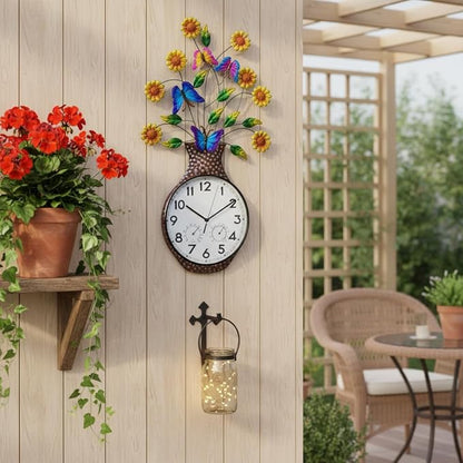 Large Outdoor Clock with Thermometer & Humidity - Silent Non-Ticking Sun Outdoor Wall Clock for Patio, Garden, Kitchen, Living Room(Silver)