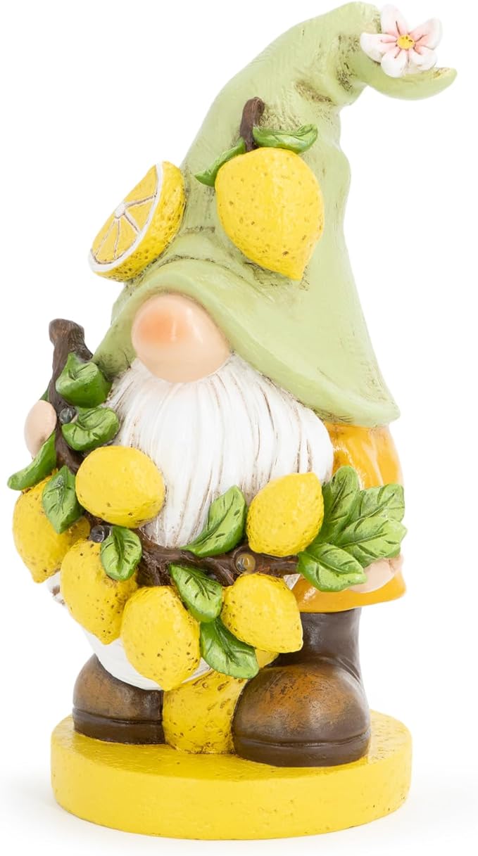 basen Solar Powered Garden Gnome Decor with Lemon Theme, Waterproof Outdoor Lawn Ornaments with Auto On/Off Light, Resin Figurine for Patio, Yard, Pathway, Porch Landscape Lighting Decorations