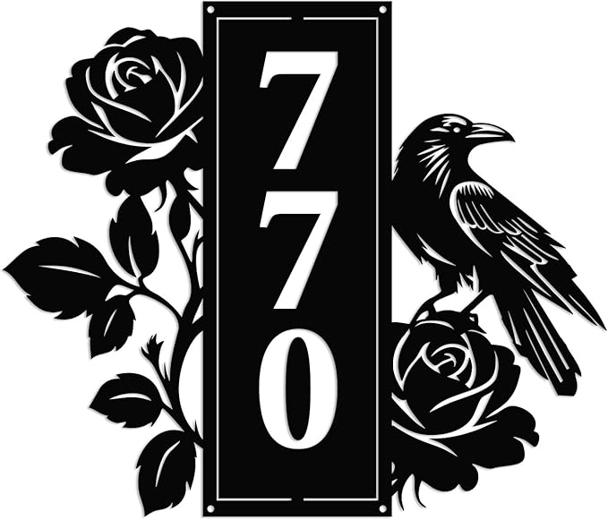 Personalized Gothic House Number metal Signs,Custom Address Number Metal Wall Art Decor,Black Plaques Outdoor wall Decorative Signage,Shed(8-30 Inches) (Crow Rose)