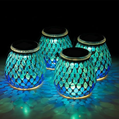 Starsoul 4 Pack Solar Lanterns Outdoor Waterproof, Elegant Blue Glass Mosaic Solar Lantern, Solar Hanging Lights Outside Patio Porch Yard Decor