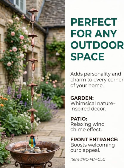 Vintage Iron Mushroom Rain Chain for Outside - Durable Metal Gutter Downspout Replacement with Colorful Glass Accents - Rustic Garden Decor and Wind Chime for Patio Porch