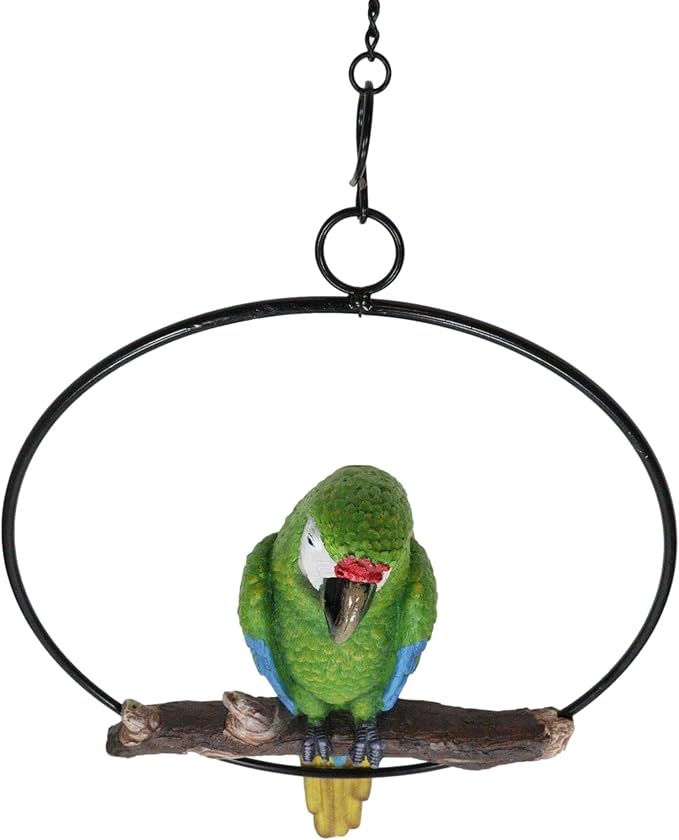 Ebros Patio Home Garden Hanging Scarlet Macaw Parrot Perching on Branch in Metal Round Ring Figurine Sculpture Nature Lovers Tropical Bird Collectors Decor 13.5" H (Green)