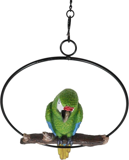 Ebros Patio Home Garden Hanging Scarlet Macaw Parrot Perching on Branch in Metal Round Ring Figurine Sculpture Nature Lovers Tropical Bird Collectors Decor 13.5" H (Green)