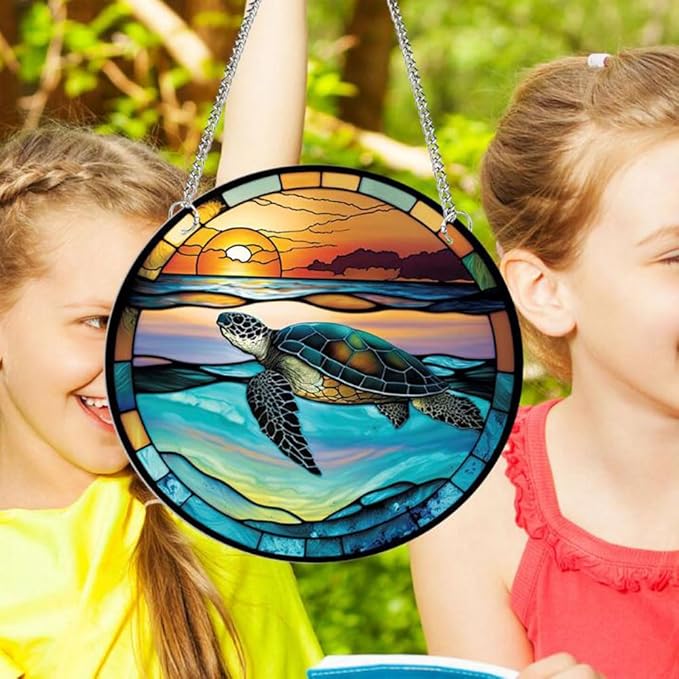7.9'' Acrylic Window Hanging Decor,Stained Panel Hangings Decorative Acrylic Wall Decor Colorful Ornament Window Hangings for Outdoor Indoor Decor(Marine Turtle)