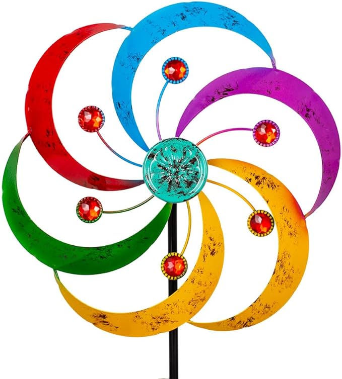 DREAMYSOUL Wind Spinners Outdoor, 10" Dia Metal Pinwheels for Yard and Garden, Kinetic Wind Sculptures & Spinner Outside (Colorful with Ruby)