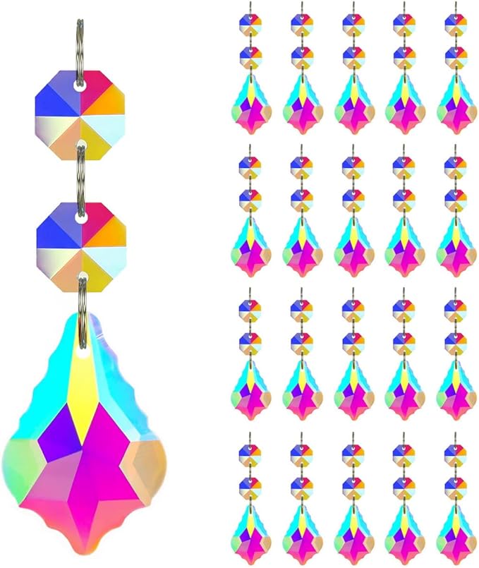 20pcs Chandelier Crystals Maple Leaf Prism Pendant Parts Connected Glass Octagon Beads Chain for Chandelier Decoration 38mm (Clear AB)