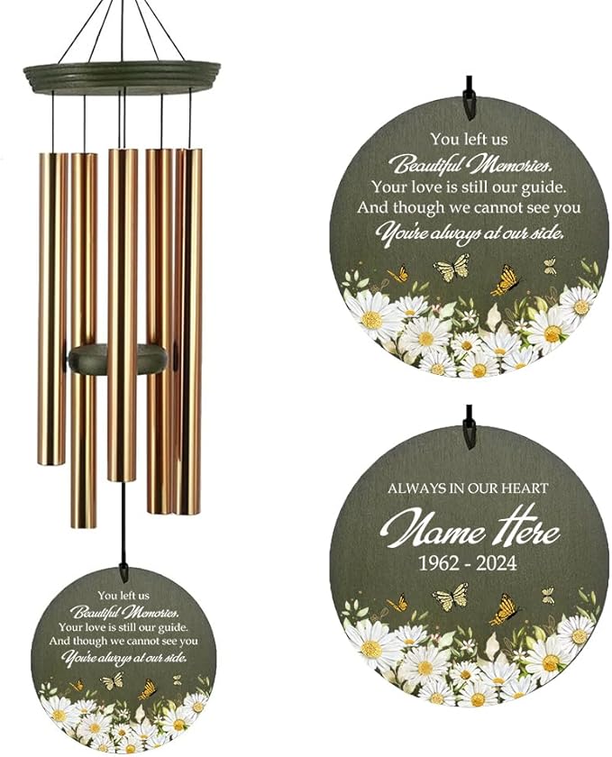 Personalized Sympathy Wind Chimes, Daisy Butterfly Memorial Wind Chimes, in Memory for Loss of Loved Mom/Grandma, Memorial Gifts Wind Chime Deep Tone Outdoor (Produced in USA)