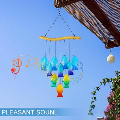 Vindar Sea Glass Wind Chimes for Outside, 28" Unique Schools of Fish Handmade Glass Wind Chimes, Hanging Windchimes for Garden Backyard Home Outdoor Decoration, Gift for Grandmother, Mother, Friends