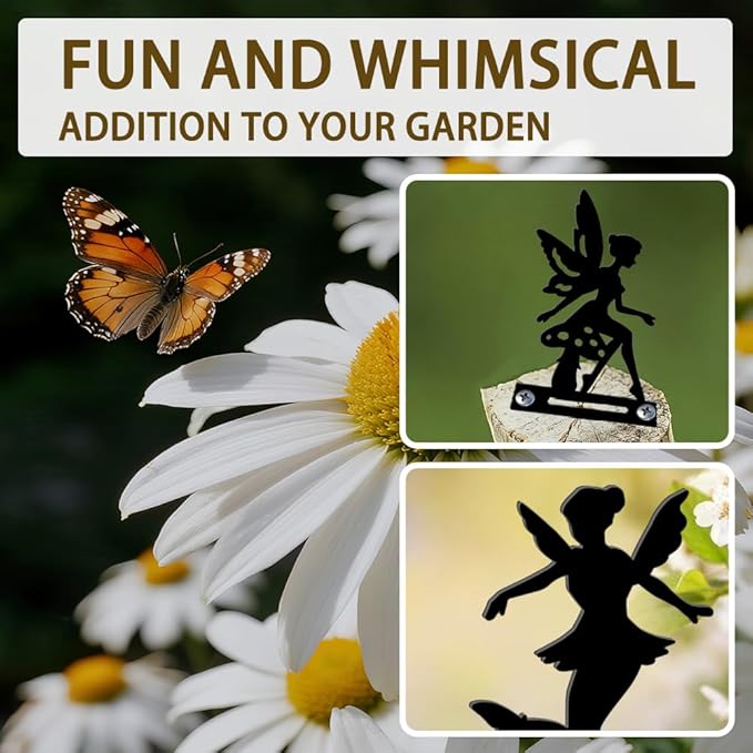 6 Pcs Fairy Fence Decor, Outdoor Garden Metal Black Fairy Decoration, Metal Art Ornament for Yard, Double-Side Design