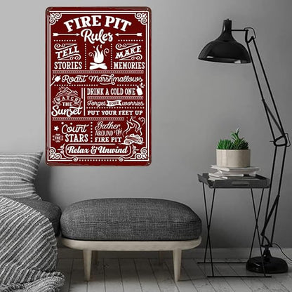 Fire Pit Rules Vintage Metal Tin Sign, Eat Drink and Roast, Relax and Unwind, Art Poster Funny Wall Decoration for Outdoor Yard 12x8 Inch