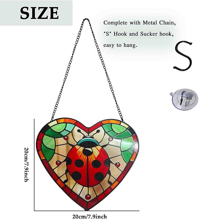 Ladybug Stained Glass Window Hanging, Heart Shape Glass Sun Catchers with Chain, Ladybugs Ornaments for Garden, Whimsigoth Decor Gifts for Woman, Men