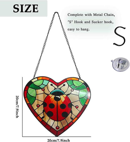 Ladybug Stained Glass Window Hanging, Heart Shape Glass Sun Catchers with Chain, Ladybugs Ornaments for Garden, Whimsigoth Decor Gifts for Woman, Men