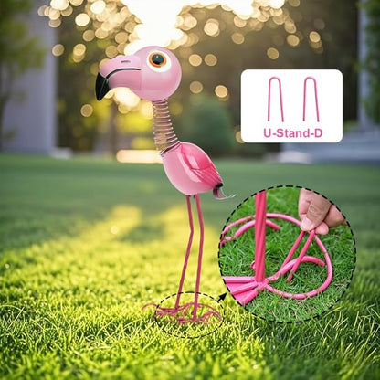 Pink Flamingo Metal Garden Statue, Life Size 35" Cute Spring-Neck Bobble Flamingo with Big Eyes & Long Legs, Adorable Metal Yard Decor for Lawn, Garden or Patio, Rustproof Iron Sculpture
