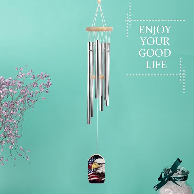 Wind Chimes for Outside,America US Flag Bald Eagle Printed Cute Aluminium Windchimes Outdoors,Soothing Melodic Memorial Wind Chime for House Porch Patio Garden Balcony Decor