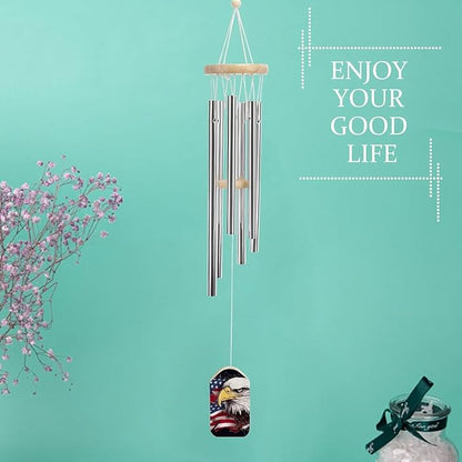 Wind Chimes for Outside,America US Flag Bald Eagle Printed Cute Aluminium Windchimes Outdoors,Soothing Melodic Memorial Wind Chime for House Porch Patio Garden Balcony Decor