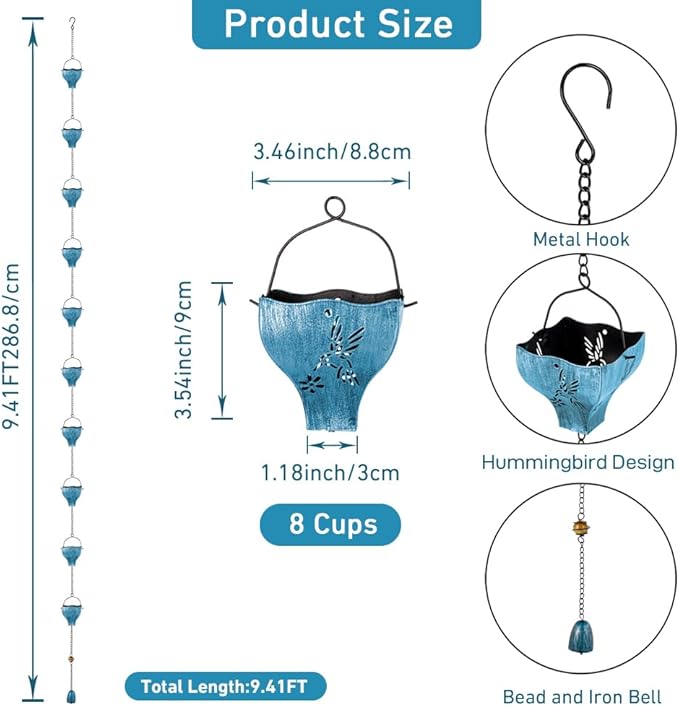 dreamysoul Rain Chains for Outside, 9.41FT with 8 Hollow Hummingbird Pattern Cups Rain Catcher Chains, Outdoor Rain Gutter Chains for Downspout, Eaves Drainage