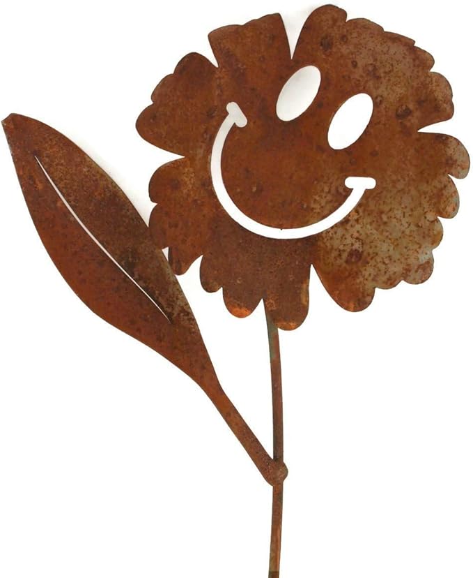Metal Rustic and Colorful Flower Stakes Ranging from 9.5 to 36 Inches Tall (Waving Smiling Daisy 21" Tall, Naturally Rusted)