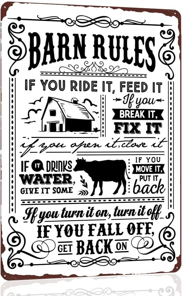 Barn Rules Metal Sign - If You Ride It，Feed It - Cow Vintage Tin Sign for Barn Farm Yard Wall Decor 12x8 Inch