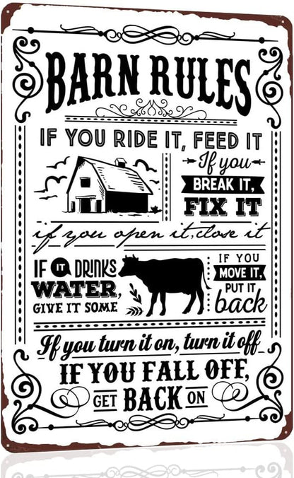 Barn Rules Metal Sign - If You Ride It，Feed It - Cow Vintage Tin Sign for Barn Farm Yard Wall Decor 12x8 Inch