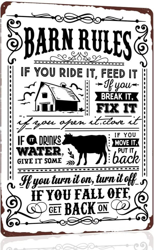 Barn Rules Metal Sign - If You Ride It，Feed It - Cow Vintage Tin Sign for Barn Farm Yard Wall Decor 12x8 Inch
