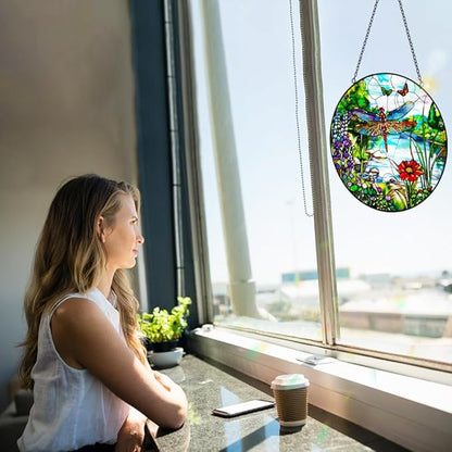 Dragonfly Suncatcher Stained Glass Window Hanging - 8″ Handmade Butterfly Wildflowers Suncatchers for Windows Hanging - Sun Catchers Indoor Wall Decor Glass Art Panel Mothers Day for Mom Grandma Gift