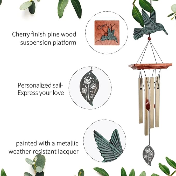 ASTARIN Wind Chimes Personalized Hummingbird Butterfly Dragonfly, Small Memorial Wind Chimes Outdoor, Wind Chimes with 4 Square Tubes for Patio Home Yard Housewarming Hanging Decor,Bird Collection