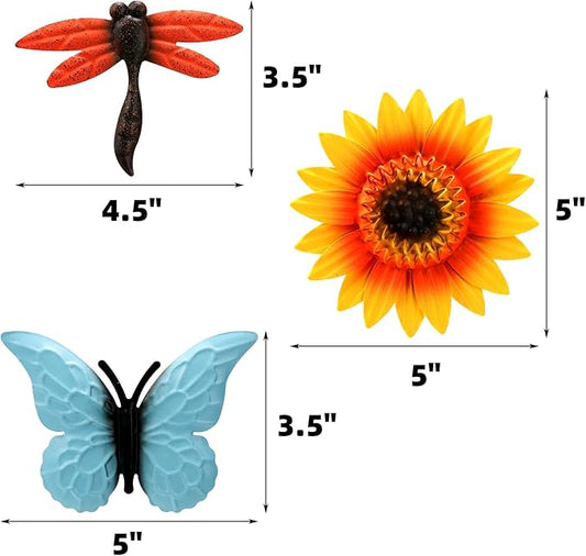 Pumtus 9 Pack Metal Sunflowers Wall Decor, Garden Flower Wall Art Decorations, Outdoor Butterfly Dragonfly Hanging Patio Decor, Yard Floral Fence Sculptures for Indoor Outside Living Room Bedroom