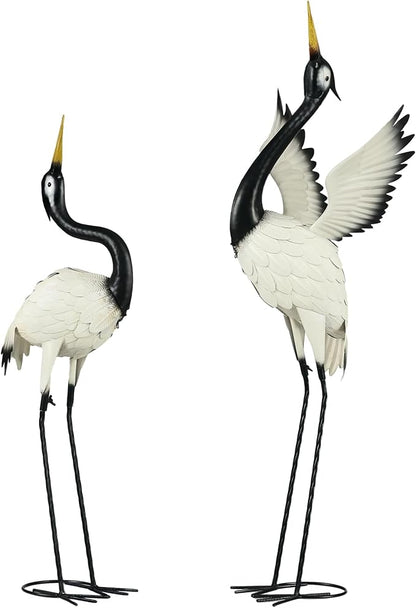 Outsunny Heron Garden Statues, 35.5" & 40.5" Standing Bird Sculptures, Metal Yard Art Decor for Lawn, Patio, Backyard, Landscape Decoration Set of 2, White & Black