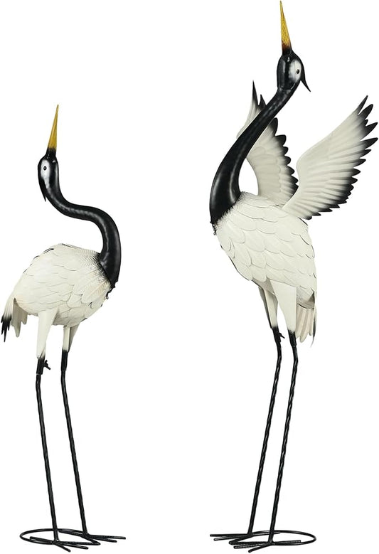 Outsunny Heron Garden Statues, 35.5" & 40.5" Standing Bird Sculptures, Metal Yard Art Decor for Lawn, Patio, Backyard, Landscape Decoration Set of 2, White & Black