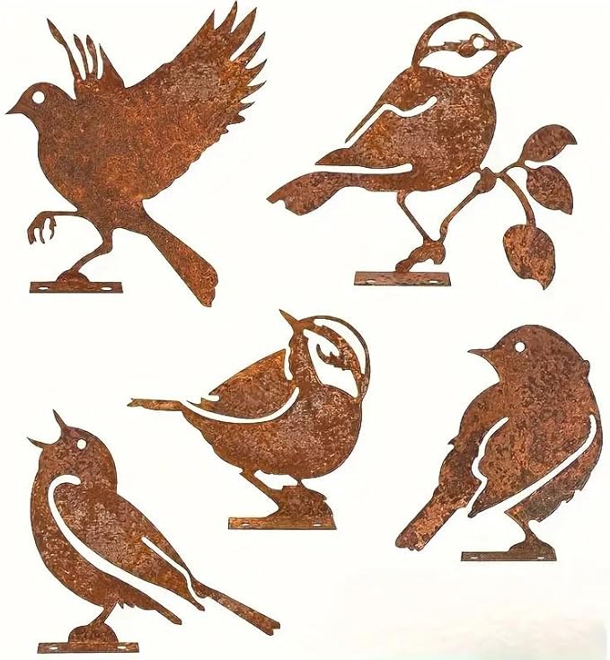 5PCS Rusty Metal Birds Garden Decor - Vintage Yard Art for Fence Decorations, Rustic Outdoor Decor, Ideal Gift for Bird Lovers (Wrens, Life-Size Silhouettes)
