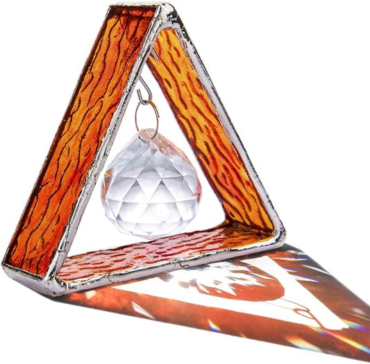 H&D HYALINE & DORA Handcrafted Pyramid in Stained Glass, Stained Glass Window Sun Catcher Hangings Ornament, Crystal Ball Prism Decor for Home Table,Orange