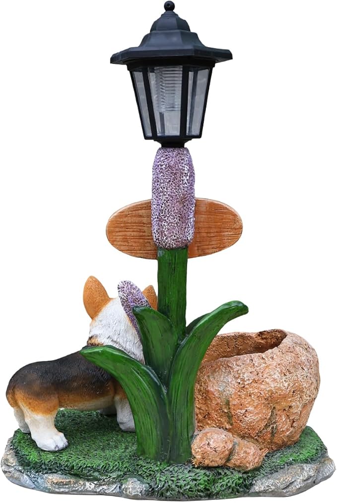 Solar Light Animal Outdoor Statue Planter with Welcome Sign, Resin Garden Sculpture Flower Pot for Patio Lawn Porch Yard Courtyard Decor, Weather-Resistant Decorative Figurine Accent (M)
