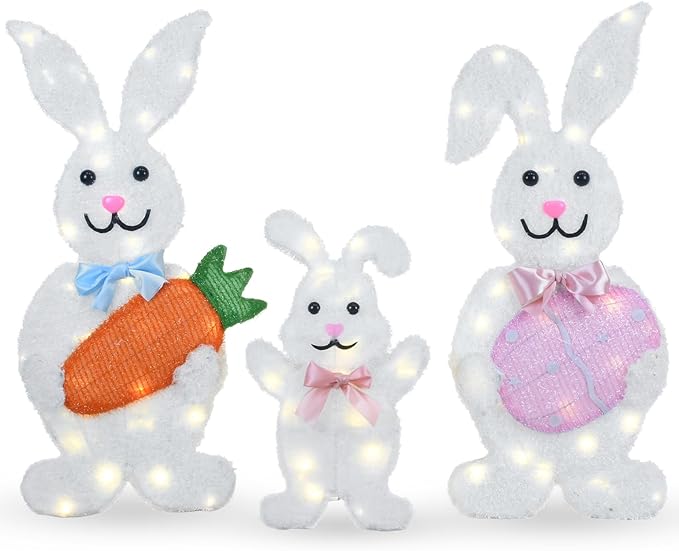 Outdoor Lighted Easter Bunny Yard Decorations, Metal Bunny Family Set of 3, Plug-in Pre-Lit LEDs for Lawn Garden Front Porch