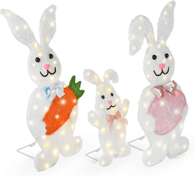 Outdoor Lighted Easter Bunny Yard Decorations, Metal Bunny Family Set of 3, Plug-in Pre-Lit LEDs for Lawn Garden Front Porch
