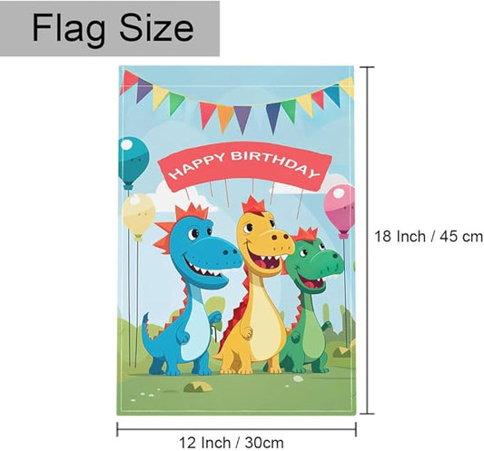 Gkyygk Dinosaur Happy Birthday Garden Flag 12 x 18 Inch Double Sided Welcome Banners Farmhouse Holiday Outside Decor Burlap Yard Flag