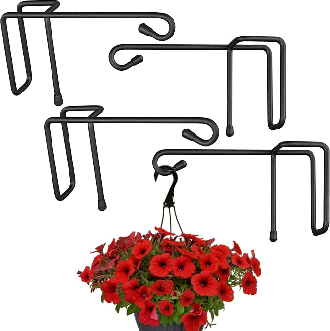 Vinyl Fence Hooks for Hanging, Heavy Duty Patio Hangers, Outdoor Fence Hangers for Hanging Flower Baskets, Wind Chimes, Planters, Bird Feeders, Lights, Lanterns - 4 Pack - Black Color