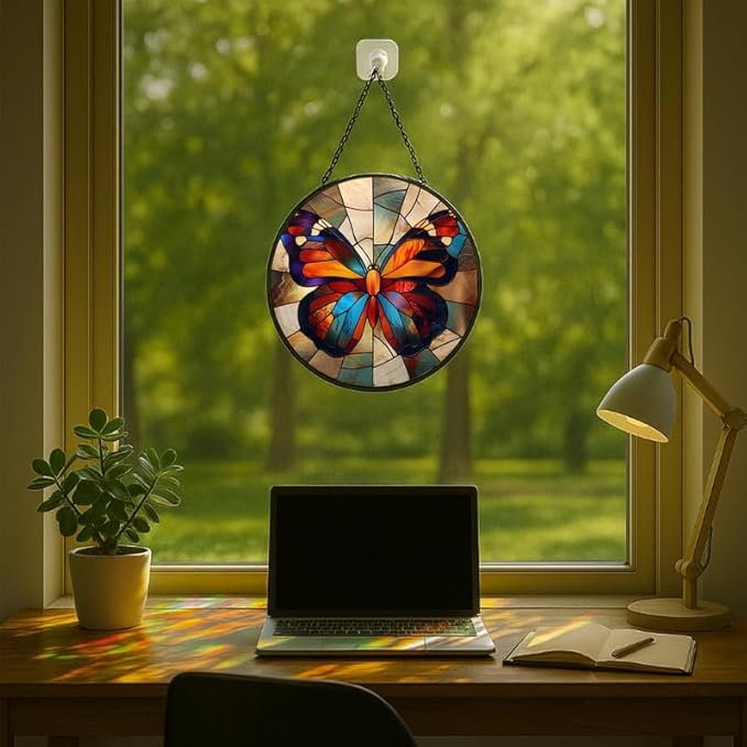 Stained Glass Window Hanging - Radiant Sun and Garden Scene Sun Catchers Indoor Stained Glass Panels Wall Decor for Mom Wife Lovers Festive 11.8in