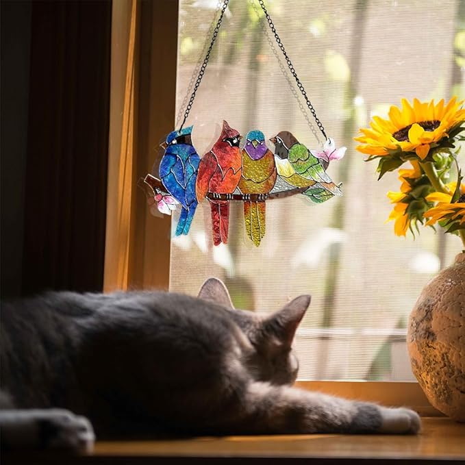 Stained Glass Window Hanging - Double-Sided 4 Birds on Branch Suncatcher, Vibrant Multicolor Glass Panel Art for Windows, Home Wall Decor, Indoor Outdoor Hanging Ornament for Bird Enthusiasts