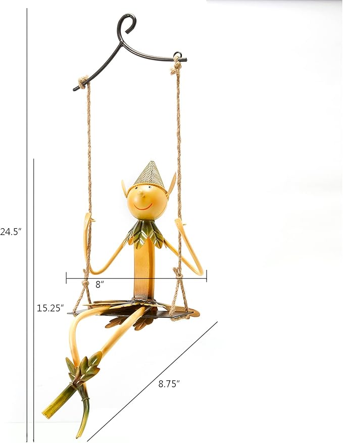 Christmas Elf on Swing Metal Sculpture – Garden & indoor Festive Elf Yard Art for Indoor & Outdoor Décor, Holiday Hanging Lawn Ornament for Mantel, Patio, Charming Christmas Elf Gift Statue Decoration