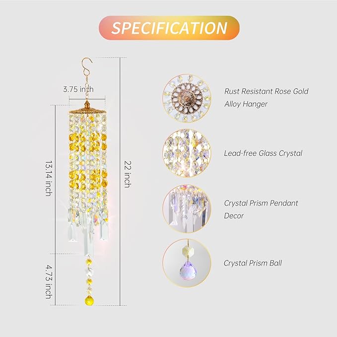 Crystal Wind Chimes for Outside with Rainbow Light Reflections Glass Bells and Rose Gold Alloy Hooks Indoor Outdoor Decor for Home Garden Patio Porch Birthday House Warming (Yellow)