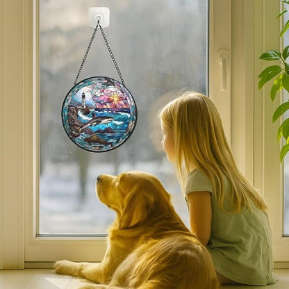 Stained Glass Window Hanging - Sunset Ocean Whale Sun Catchers Indoor Stained Glass Panels Wall Decor for Mom Wife Lovers Festive