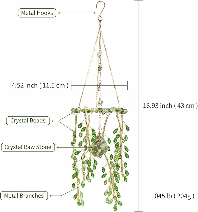 Crystal Hanging Suncatcher with Natural Stone, 16.9 Inch Decorative Wind Chime, Gold Chain & Branch Design (Green)