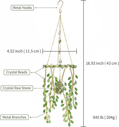 Crystal Hanging Suncatcher with Natural Stone, 16.9 Inch Decorative Wind Chime, Gold Chain & Branch Design (Green)