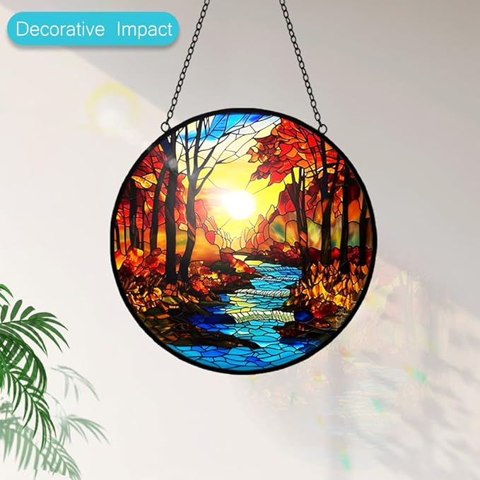Sunrise Tree and River Landscape Stained Glass Suncatcher for Window Hanging - Handmade Mountains Sun Catchers Diamond Art Stain Glass Panel - Mother's Day Birthday Gift for Mom Grandma Nature Lovers
