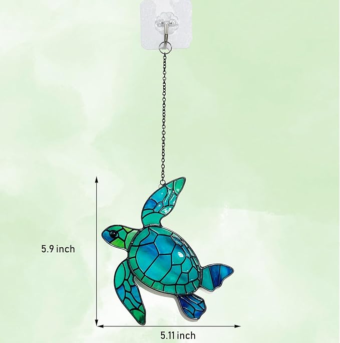 Sea Turtle Stained Glass Window Hanging, Hand-Painted Sun Catcher Glass Panel Wall Art Decor with Chain, Sea Turtle Gifts for Women Mom Grandma, Outdoor Indoor Art Decor for Home Garden