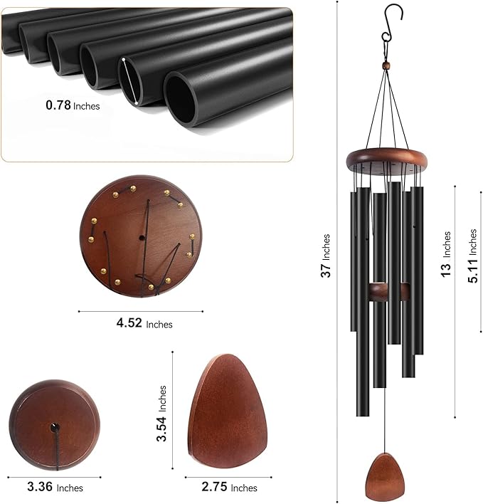 Wind Chimes for Outside with Wood Wind Catcher, 37 Inches Large Aluminum Windchimes Outdoors for Patio Decoration & Zen Atmosphere, Best Gifts for Mom(Black)