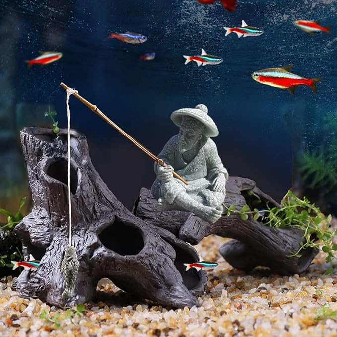 livelyfish Mini Fisherman Statue Asian Zen Decoration Sitting Fishing Figurines Sandstone Vintage Ornament for Aquarium Fish Tank Pot Garden Home Japanese Decor (A)